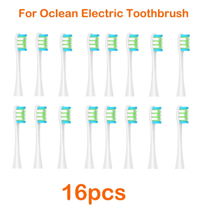 A set of 16 replacement brush heads for an Ocean electric toothbrush, shown in various colors and shapes.
