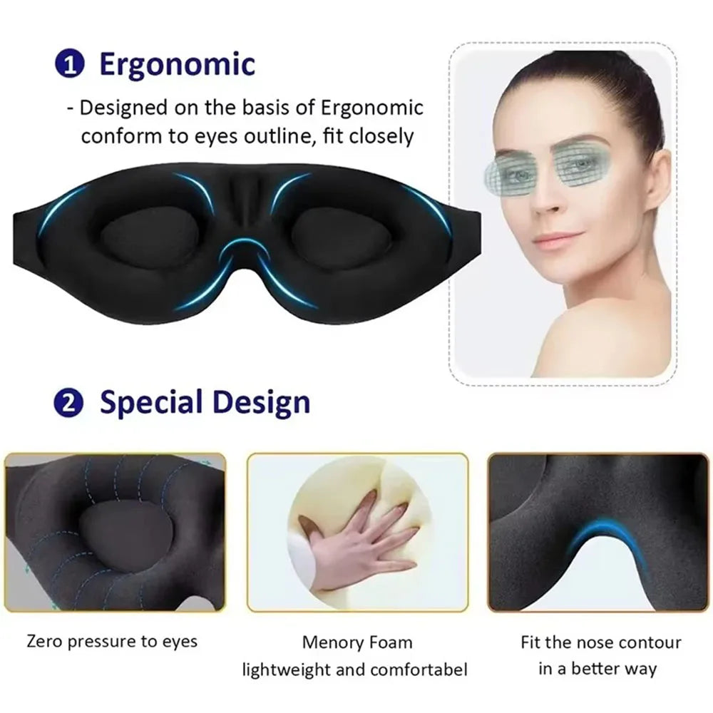 A black 3D full shading sleep mask designed ergonomically for eye relief and featuring a special design with memory foam.