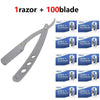 A professional stainless steel straight shaving razor with 100 blades and a handle.