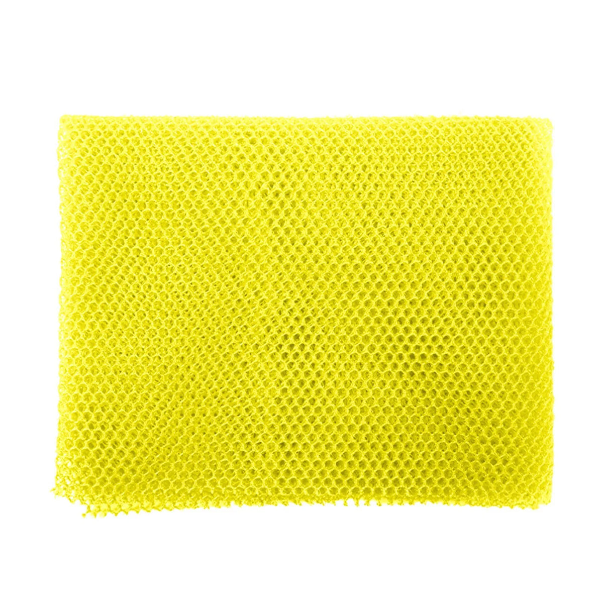Yellow reusable exfoliating bath sponge washcloth with a porous texture.