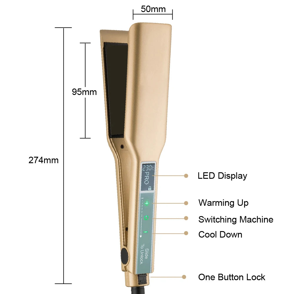 A vertical view of a professional titanium hair straightener with a touchscreen display and various control buttons.
