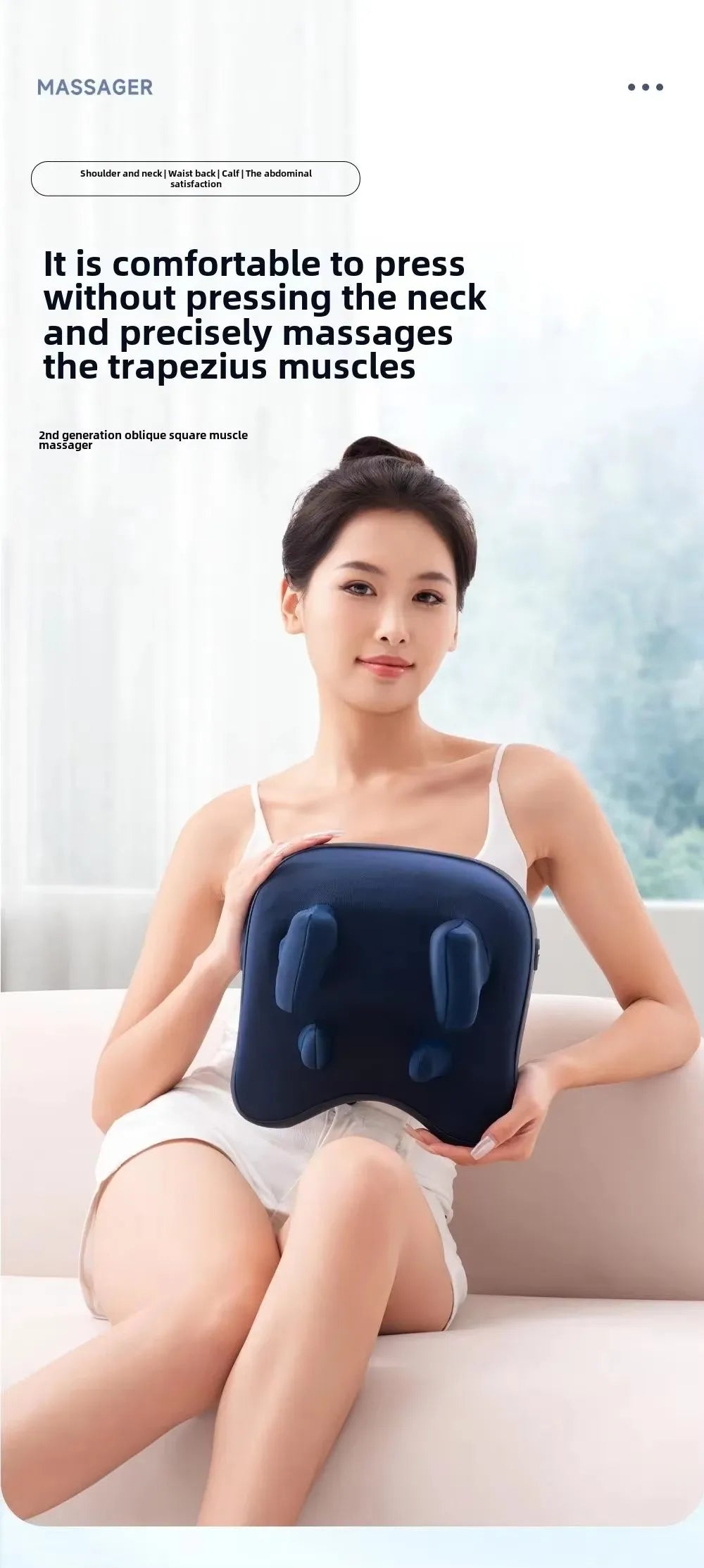 A woman is using a dark blue electric massage pillow on her shoulder and neck.