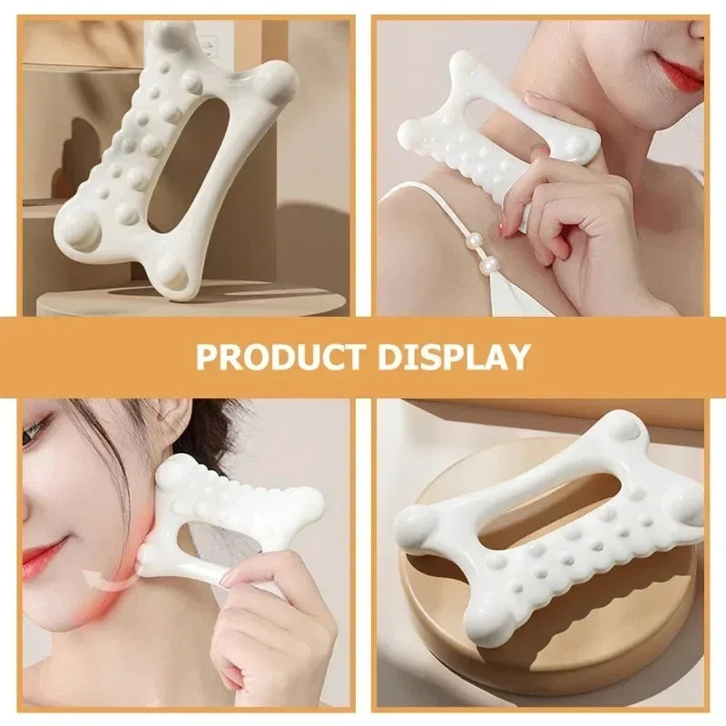 White resin facial gua sha massage tool shown in various display angles and usage contexts.