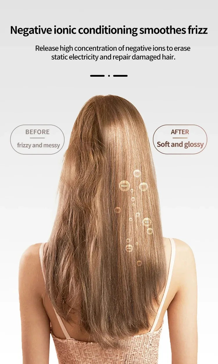 Before and after comparison showing hair smoothing with negative ionic conditioning treatment