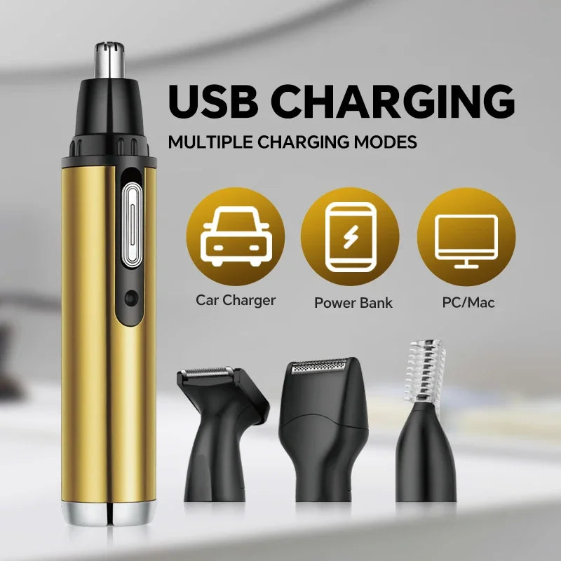 A gold and silver USB charging device for car, power bank, and PC/Mac, shown next to hair trimmers.