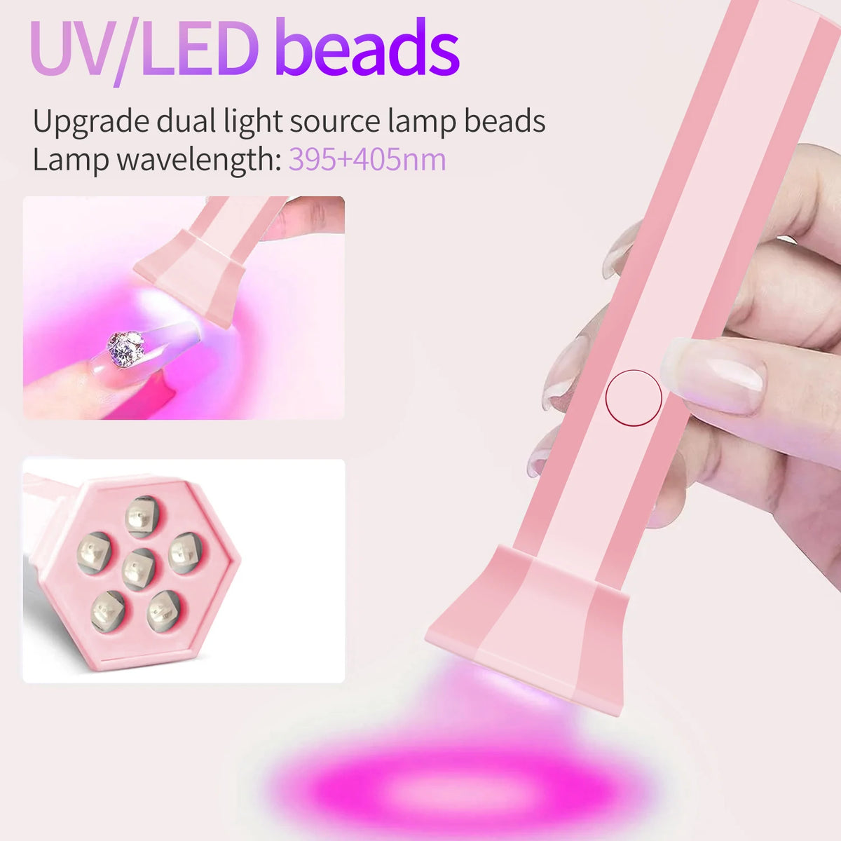 A pink cordless mini UV LED nail lamp bead device with a light beam illuminating a surface.