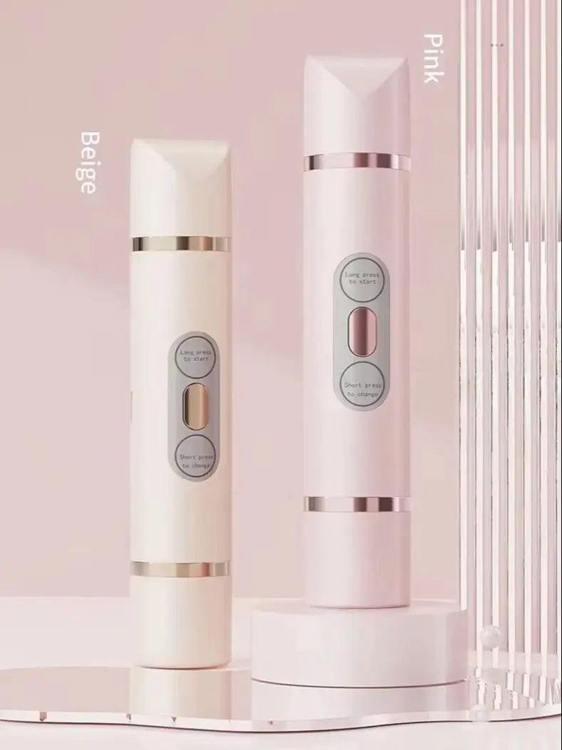 A white portable electric body hair trimmer shown in beige and pink colors on a display stand.