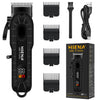 A black HIENA professional cordless hair clipper and trimmer kit shown with various attachments.