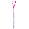 A white and pink silicone tongue scraper for oral hygiene.