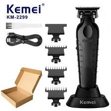 A Kemel KM-2299 electric hair clipper trimmer shown with various attachments and packaging.