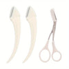 A set of precision eyebrow trimmers in a light beige color, showing the trimmer and a pair of tweezers.