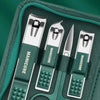 A professional stainless steel manicure and pedicure kit with a green travel case showing various tools.