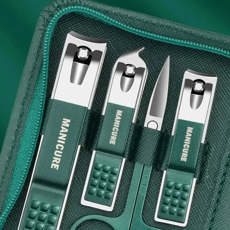 A professional stainless steel manicure and pedicure kit with a green travel case showing various tools.