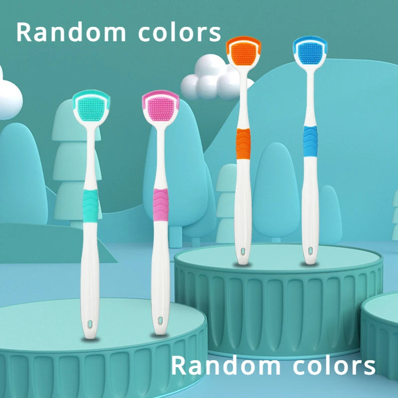 A collection of five reusable stainless steel tongue scrapers in various random colors displayed on a light blue background.