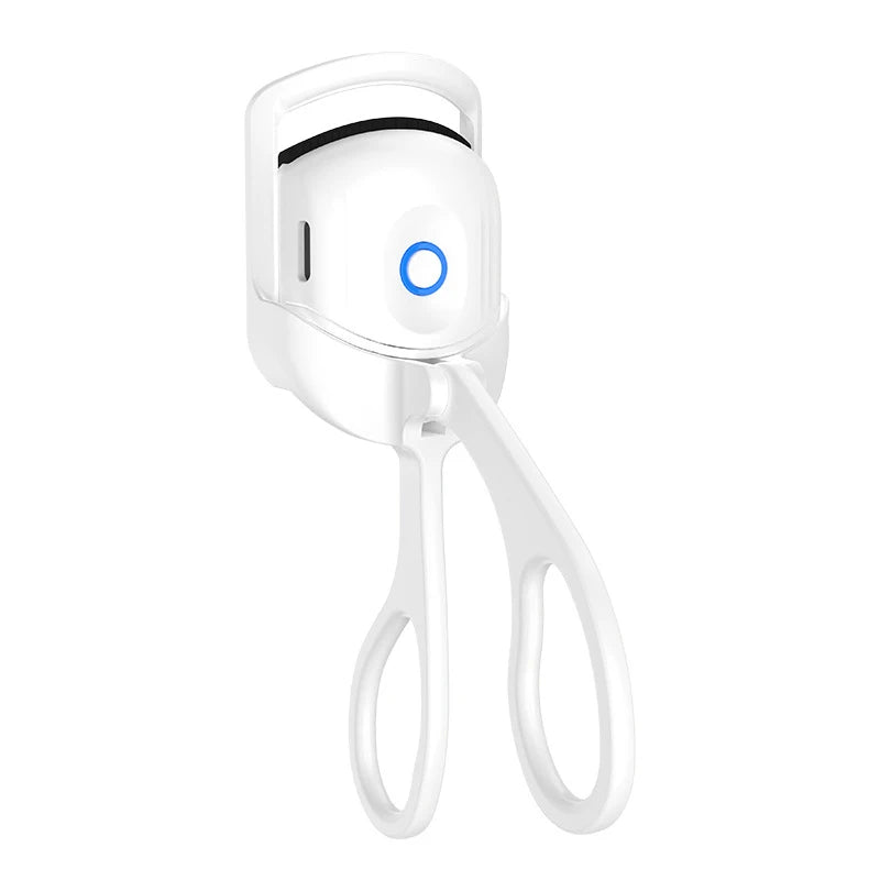 A white electric heated eyelash curler with a blue indicator light and flexible metal curlers.