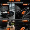 An orange portable electric beard shaver is shown in various contexts including a travel case, in a car, and in an office set