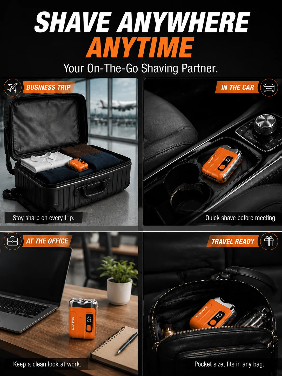 An orange portable electric beard shaver is shown in various contexts including a travel case, in a car, and in an office set