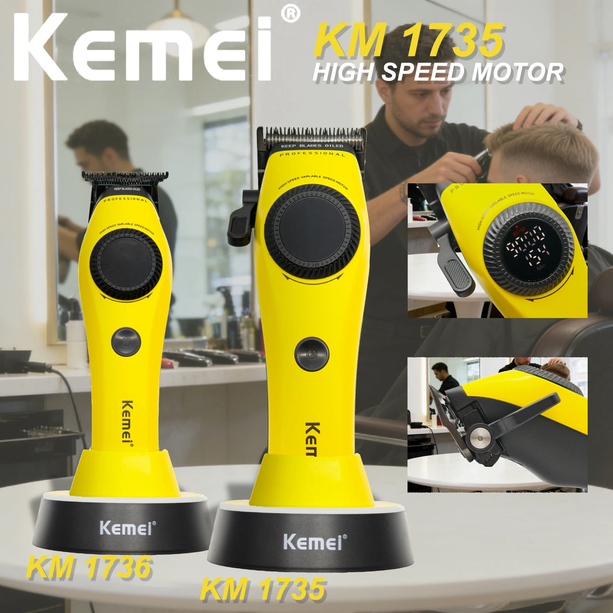 Yellow Kemei KM 1735 high-speed motor cordless hair clipper shown in use.
