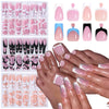 A collection of pink and nude glossy press-on nails for hands and toes displayed in various shades and styles.