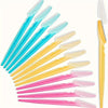 A set of multi-use eyebrow trimmers in various shades of blue, yellow, and pink.