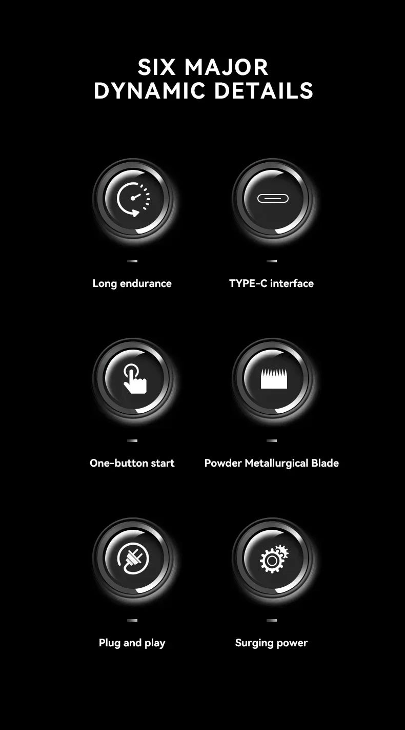 Diagram showing six major dynamic details of a professional electric hair trimmer and clipper.