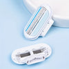 A white multi-blade safety razor with multiple blades is shown on a light blue background.