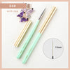 A set of professional nail art brushes with a cap, featuring a gold handle and a light green ferrule.