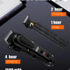 A black professional cordless hair trimmer is shown with text detailing 2 hour charging, 1 hour usage, 4 hour charging, and a