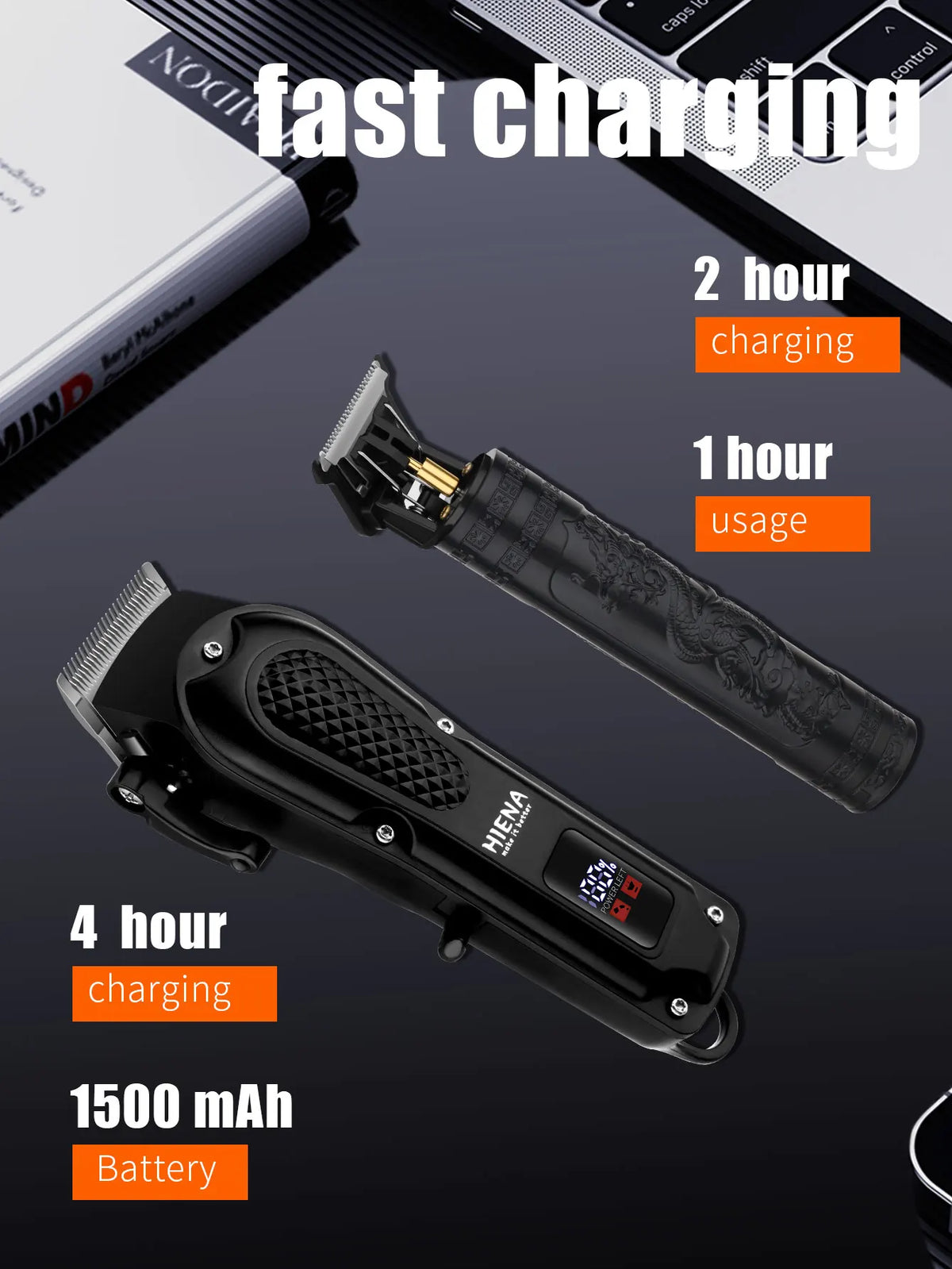 A black professional cordless hair trimmer is shown with text detailing 2 hour charging, 1 hour usage, 4 hour charging, and a