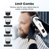 A man is using a professional rechargeable hair trimmer kit with various size guards on his head.