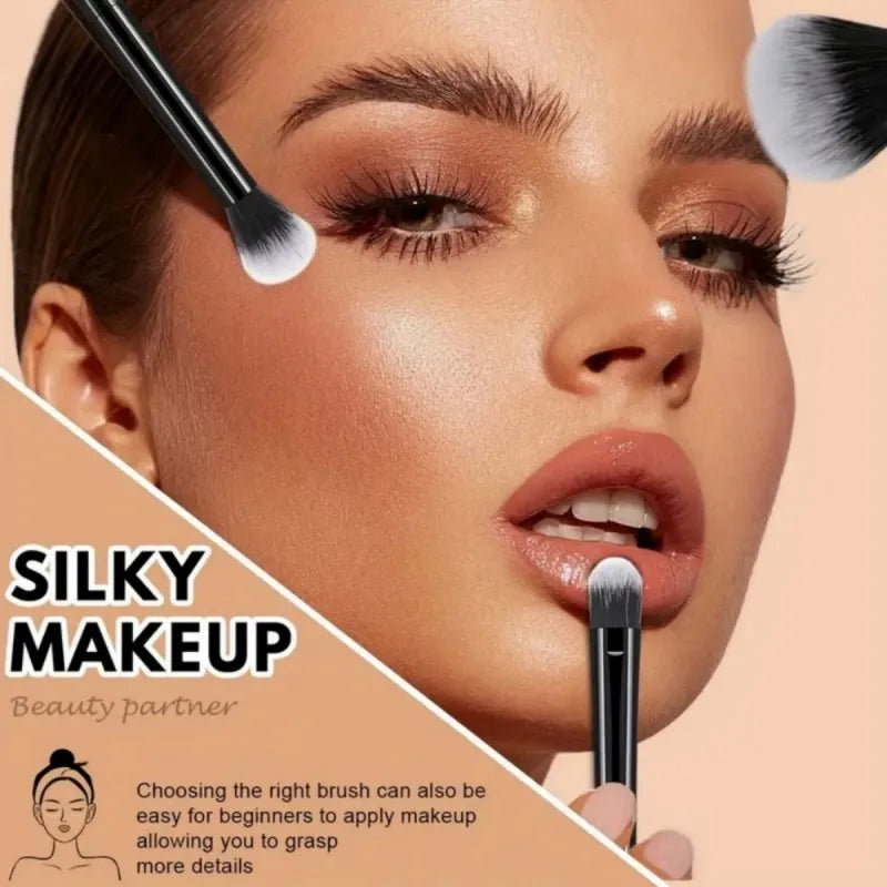 Close-up of a woman applying makeup with a brush, demonstrating silky makeup techniques.