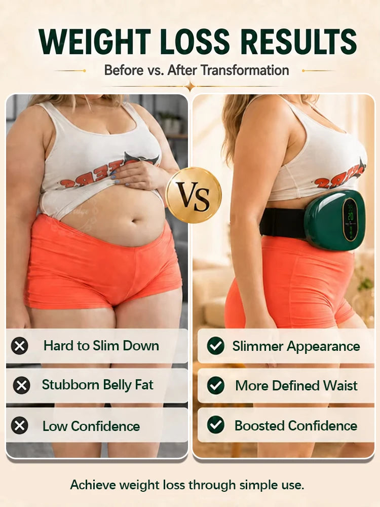 Before and after comparison showing weight loss results using an electric slimming abdominal massager belt.