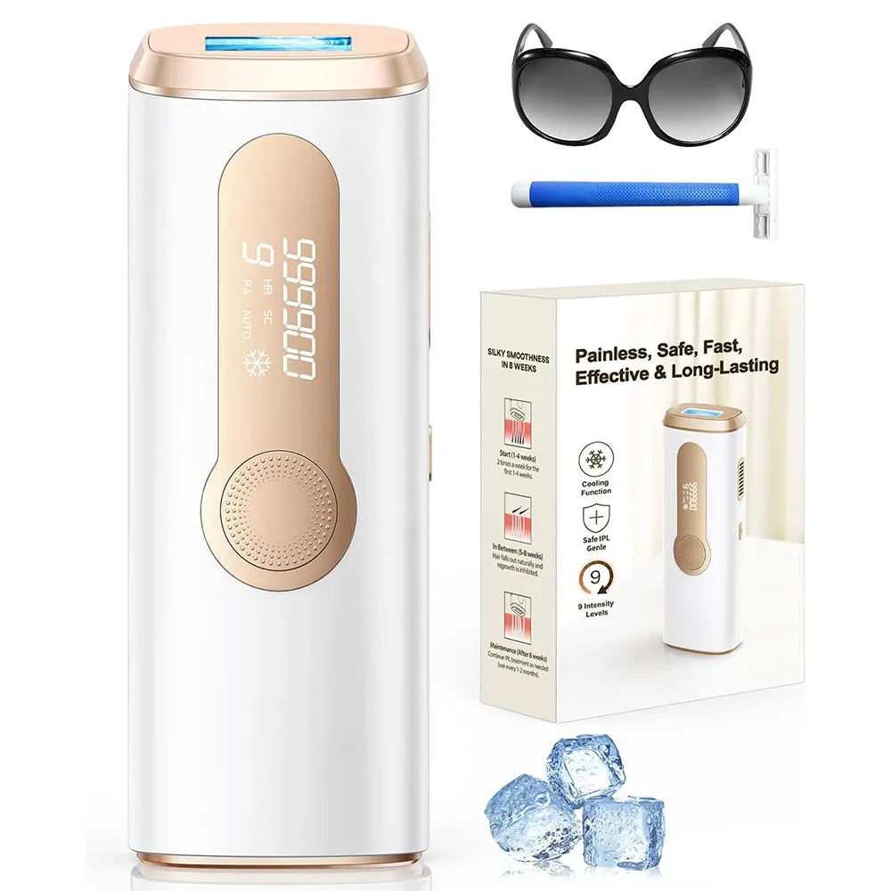 A white IPL hair removal device with a gold accent, showing the main unit and accessories like sunglasses and an ice cylinder