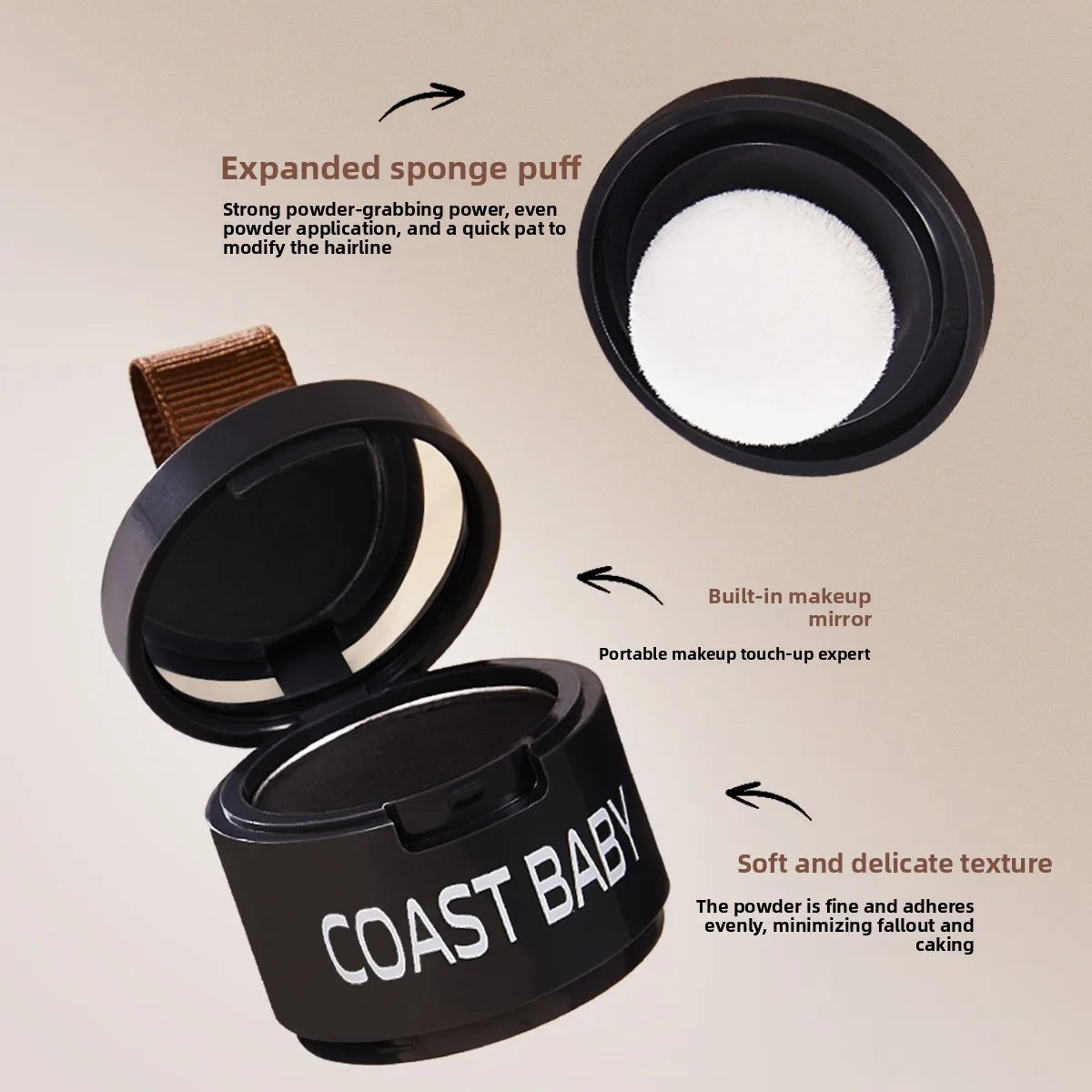 A black tin of Coast Baby powder with an application brush and a built-in mirror shown in various views.