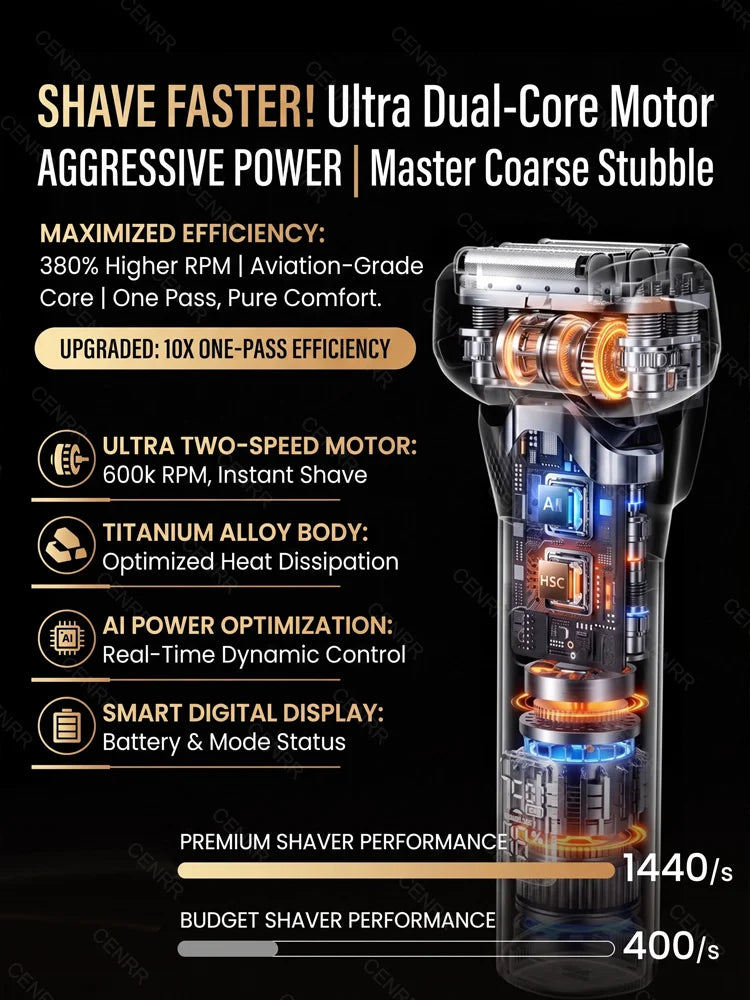 A close-up view of an electric shaver with a silver and black body, showing various features and performance ratings.