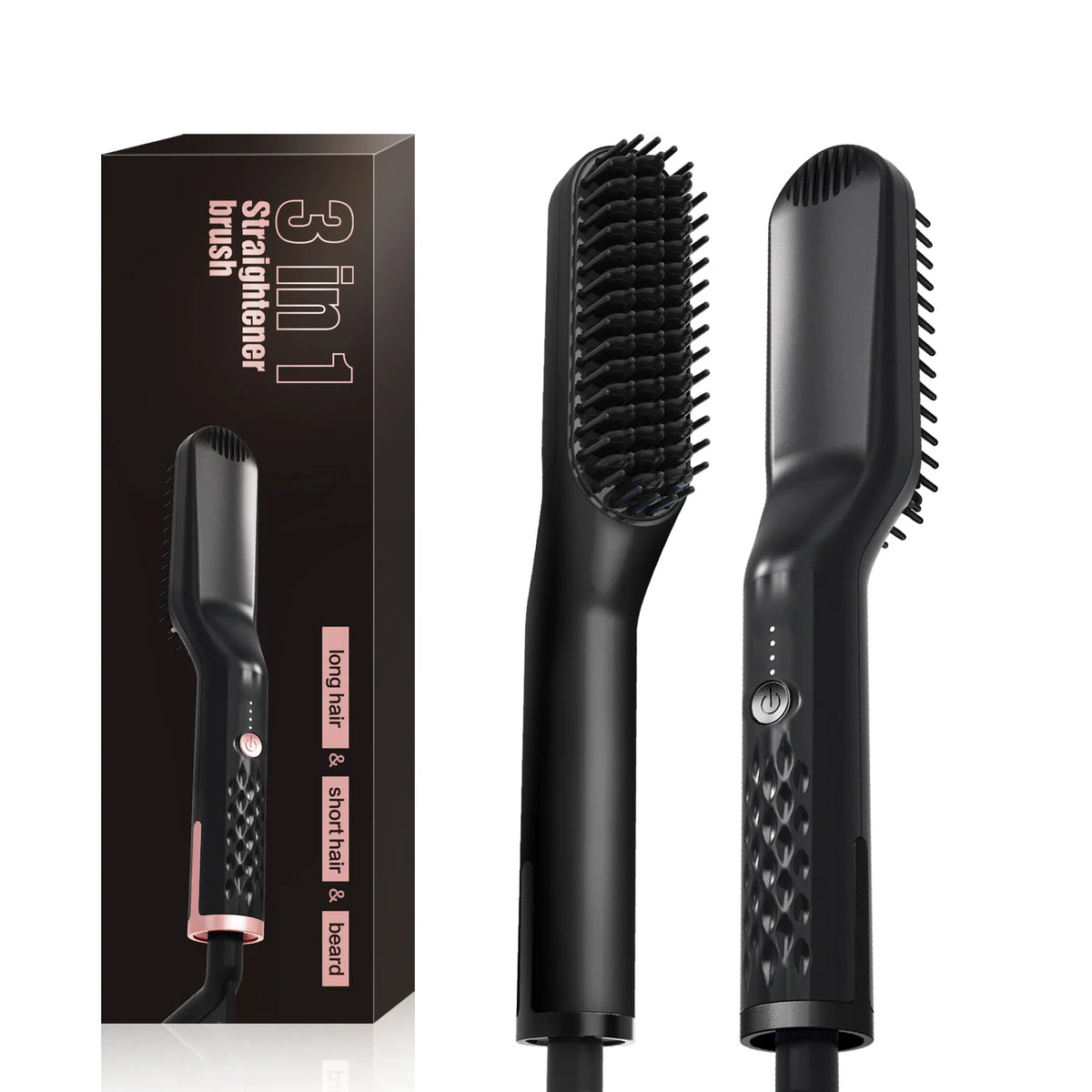A black professional hair straightener brush set shown in its box and disassembled form.