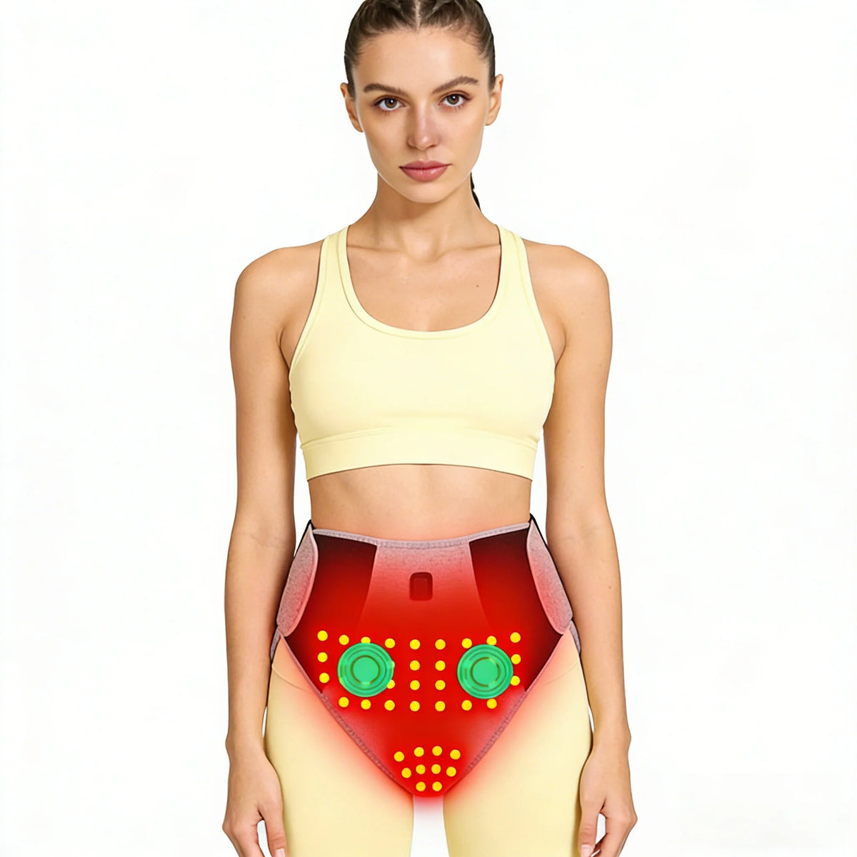 A woman models a yellow sports bra and a red light abdominal heating pad for pain relief.