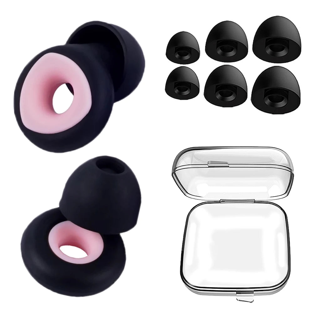 A set of black silicone earplugs with pink accents and a clear storage case.