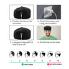 Instructions for using a black hair growth cap, showing steps to connect the product and put it on the head.