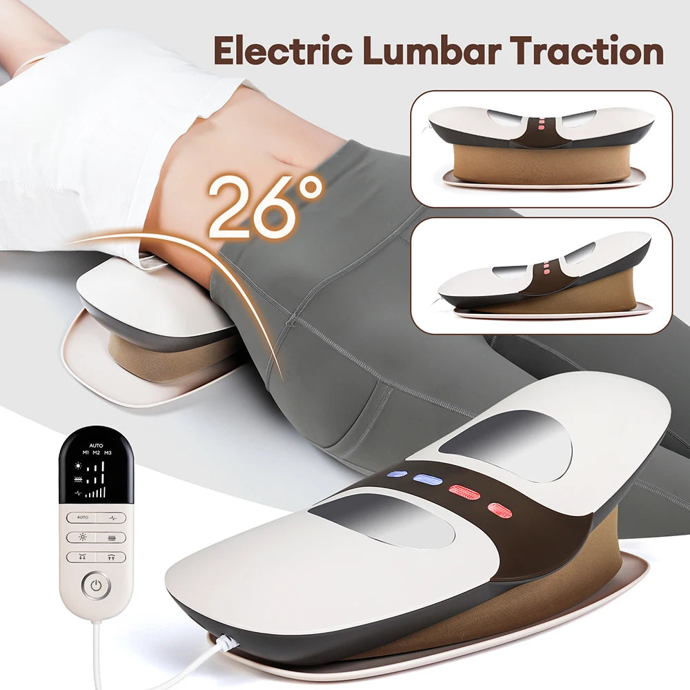 An electric lumbar traction massager is shown being used on a person's lower back, with the device and remote control visible