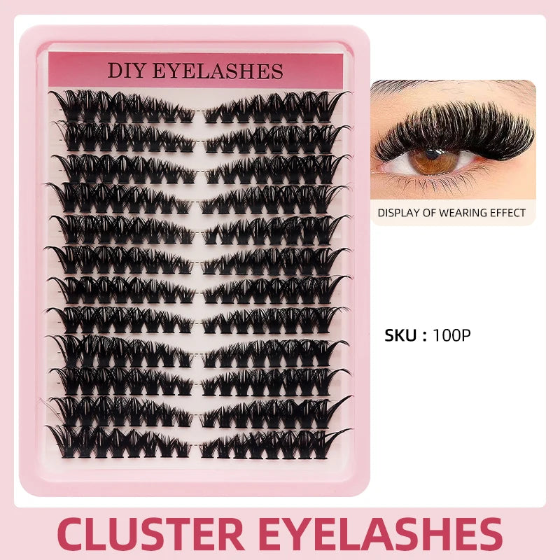 A pink tray of DIY eyelash clusters showing various styles and densities for eye extensions.