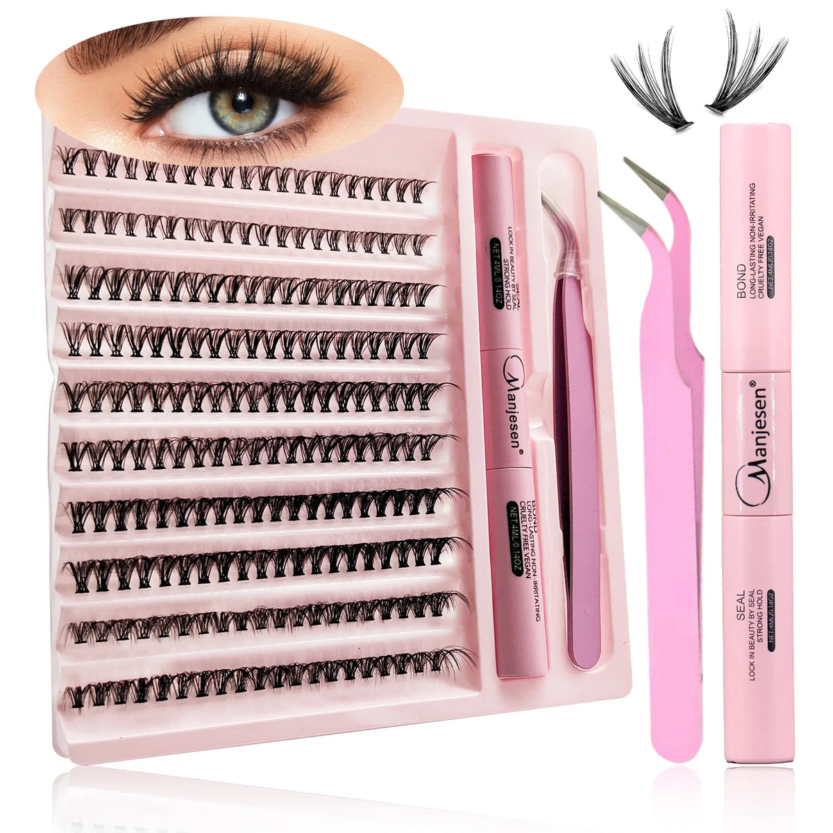 A pink plastic tray holding various eyelash extension tools including tweezers and a glue applicator for DIY lash application