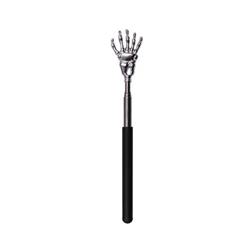 Stainless steel telescoping back massager with a hand-shaped head and long shaft
