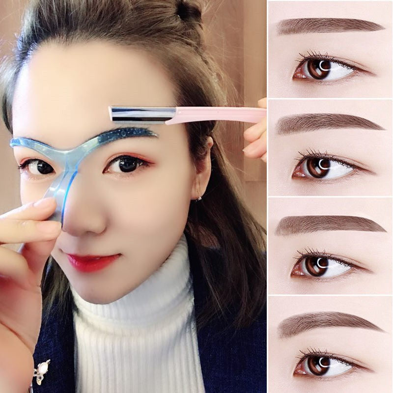Close-up of a woman applying an eyebrow shaping stencil to her eye for makeup application.