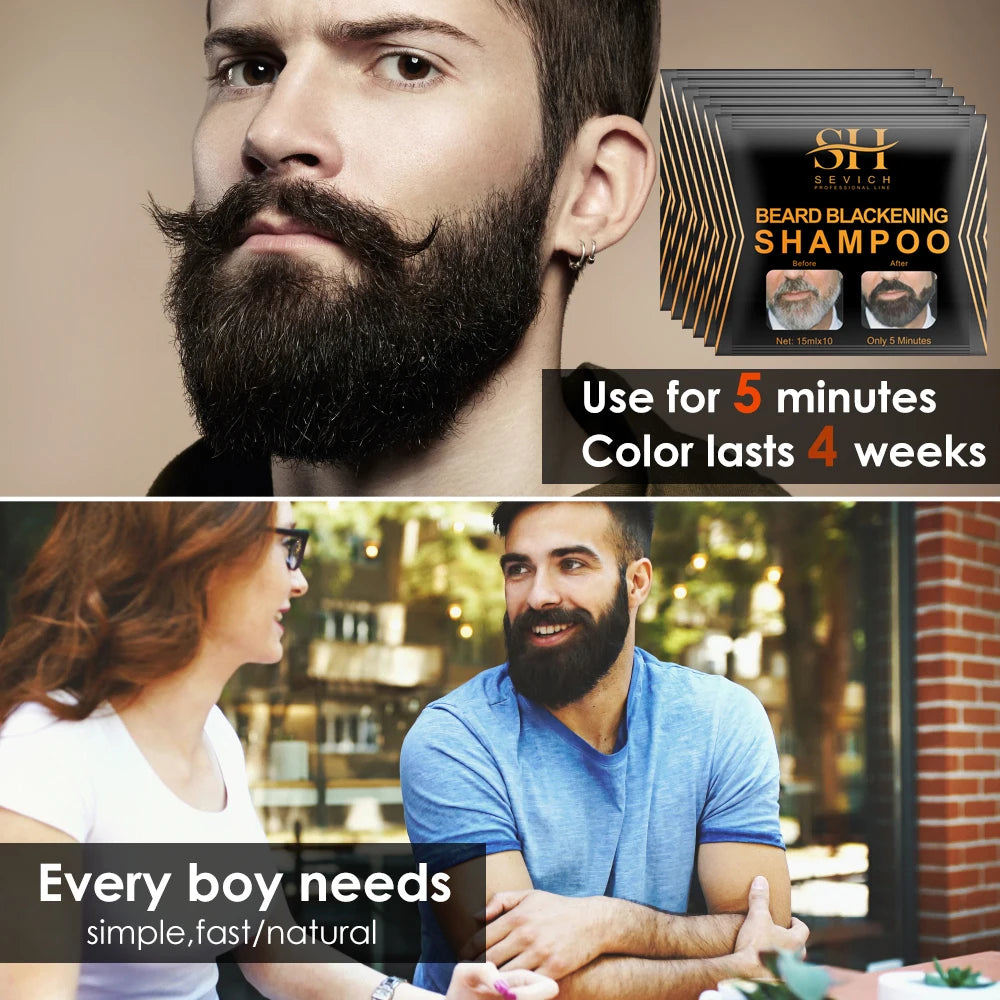 A man with a beard is shown alongside a woman, demonstrating the use of Instant Black Beard Hair Dye Shampoo for beard blacke
