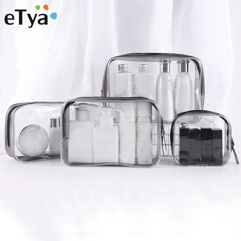 Clear waterproof travel cosmetic bags containing various liquid and solid toiletries