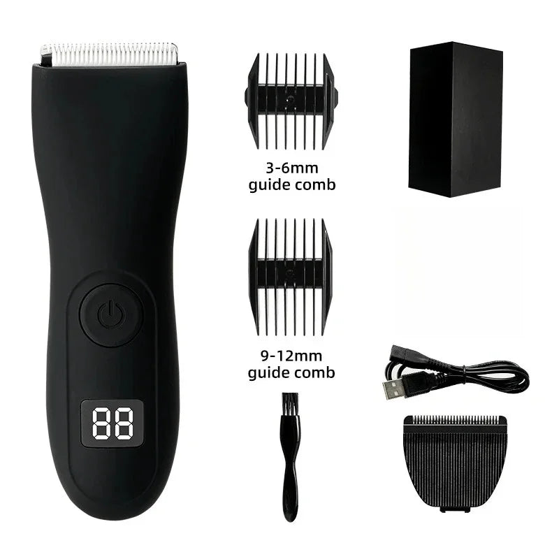 A black professional body and personal hair trimmer with multiple guide combs and a cord.