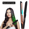 A woman holds a black ceramic hair straightening iron with a green-tipped hair strand, demonstrating its plasma and ion funct