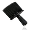 A black soft bristle hair duster brush used for salon and barbershop work.