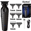 A black Kemei professional cordless hair clipper with various guard attachments and charging cable.